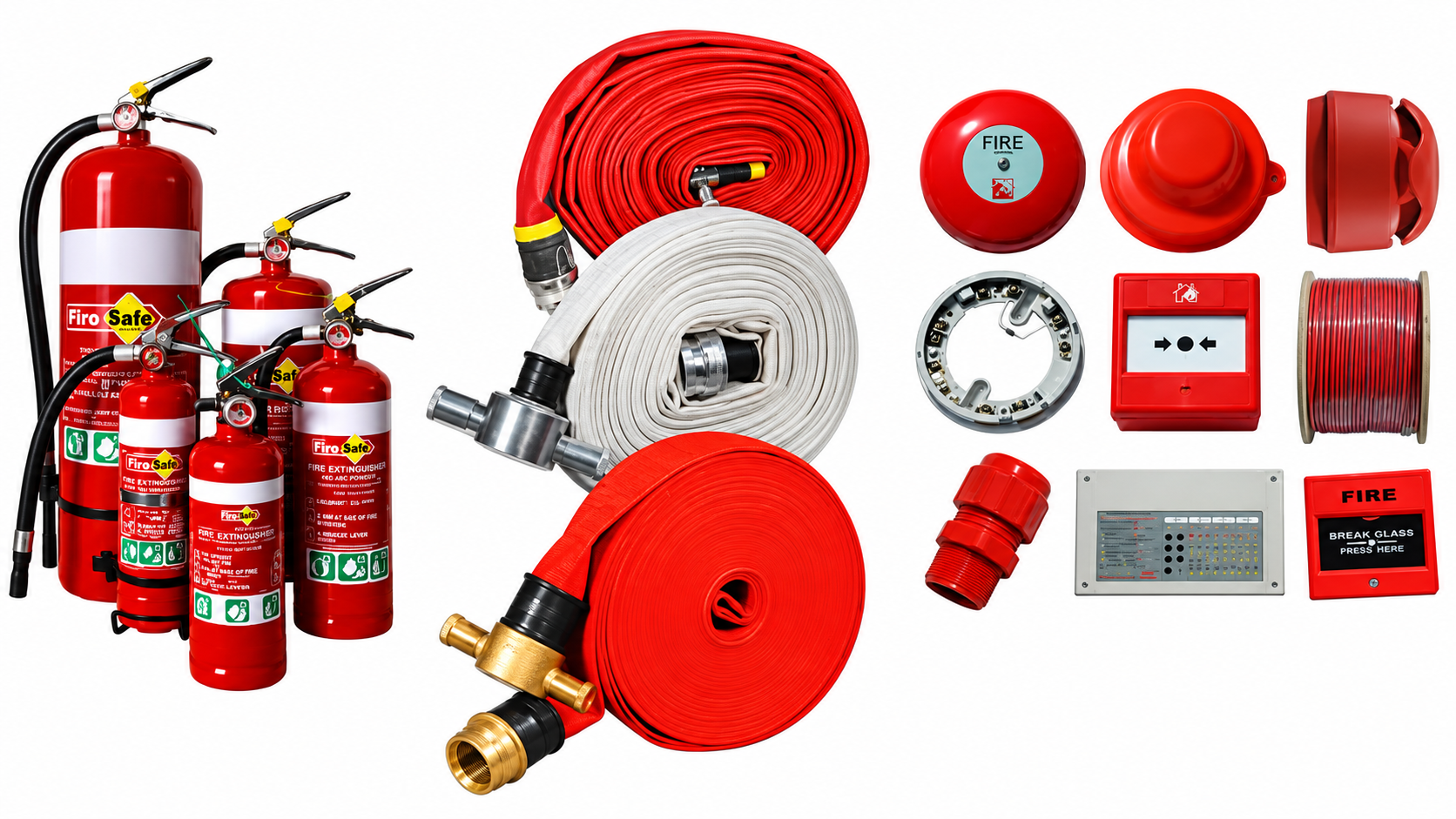 Thiết bị PCCC gồm bình chữa cháy, cuộn vòi chữa cháy, chuông báo cháy và tủ trung tâm báo cháy