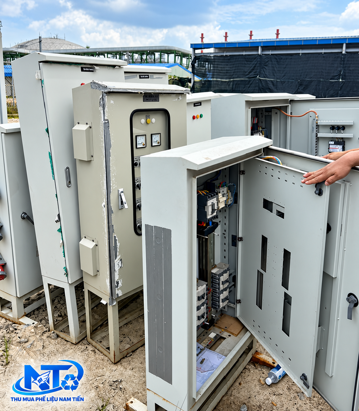 Các tủ điện công nghiệp tại công trình, một tủ đang mở lộ thiết bị bên trong