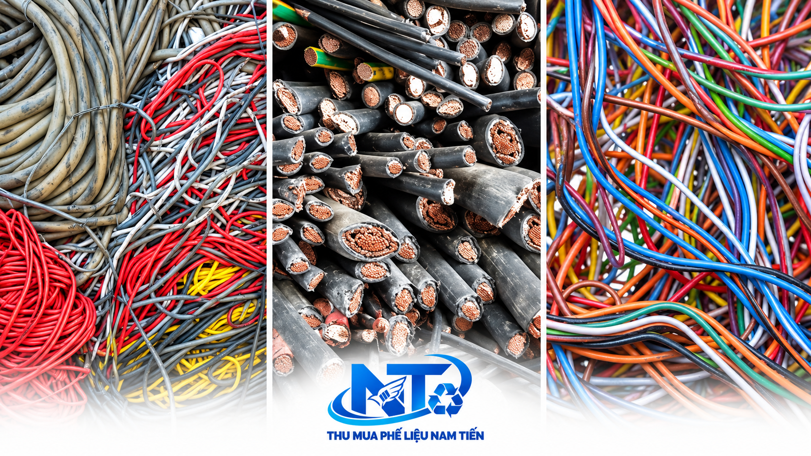 Các loại dây cáp điện phế liệu gồm dây bọc nhiều màu và cáp lộ lõi đồng