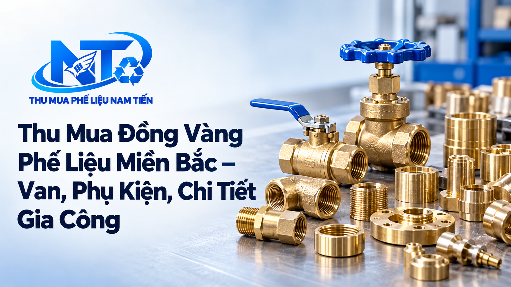 Van đồng vàng, phụ kiện đường ống và chi tiết gia công bằng đồng thau được phân loại trên bàn, minh họa dịch vụ Nam Tiến.